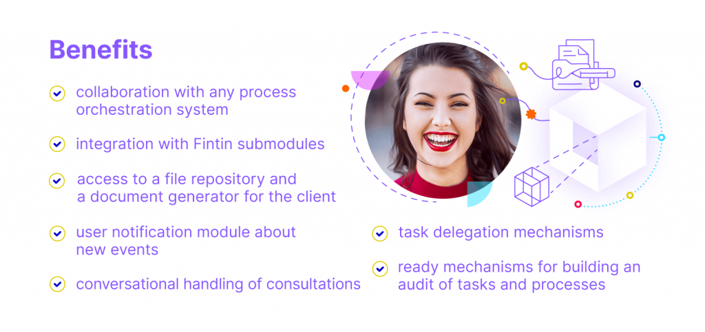 Benefits:
Collaboration with any process orchestration system,
integration with Fintin submodules,
task delegation mechanisms
vacations
substitutions
attendance calendar
user notification module about new events on his tasks and processes
conversational handling of consultations,
ready mechanisms for building an audit of tasks and processes and viewing their history
access to a file repository and a document generator for the client.
